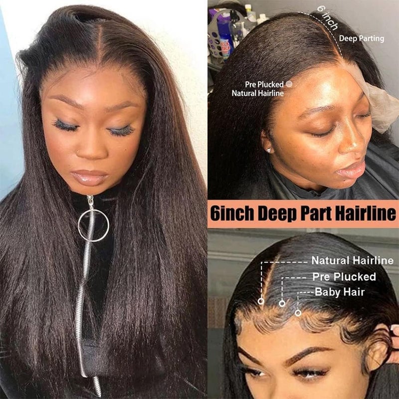 HC 13x6 Kinky Straight Human Hair Wig 180% Density HD Transparent Glueless Lace Front Wigs Human Hair Pre Plucked with Baby Hair Natural Hairline Yaki Straight Human Hair Wigs For Black Women 28inch - Image 3